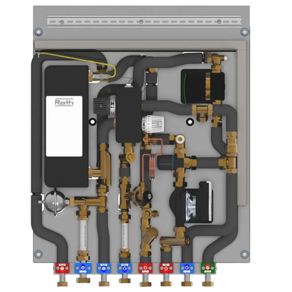 Technische Anschlussstation mit verschiedenen Ventilen und Rohren für Heizungsanwendungen, ausgeführt in einer flachen Bauform, der Hersteller ist Roth.